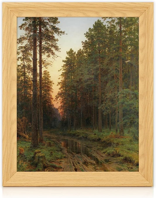 Brivoria Framed Canvas Wall Art Vintage Decor, Realistic Autumn Pine Forest Scene with Muddy Trail, Golden Sunset and Water Reflection for Bedroom Entryway Hallway or Rustic Nature Display, 13"x16"