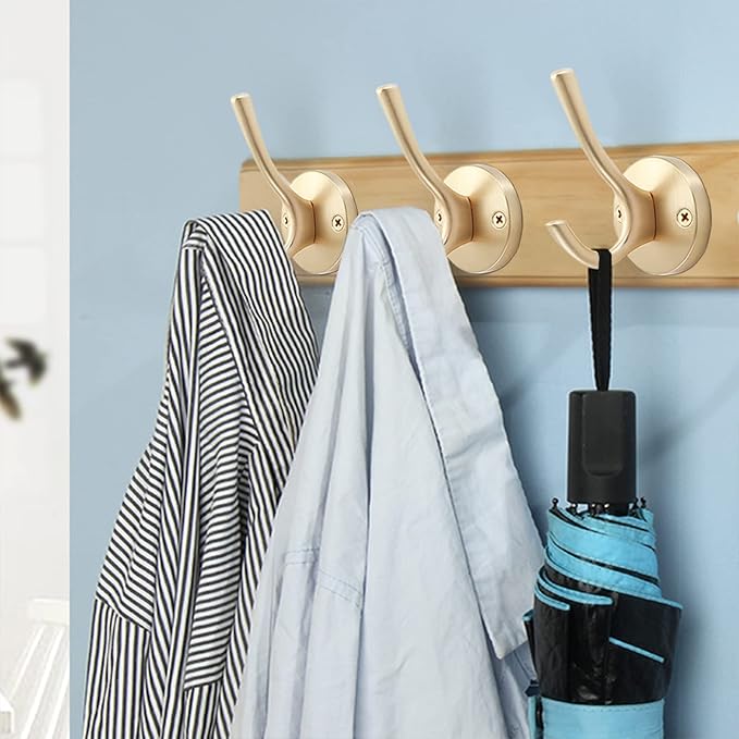 Gold Wall Hooks, 5 Pack Coat Robe Hook Heavy Duty Metal Double Bath Hook Wall Mounted, Hand Towel Hooks for Cubicle Bathroom Kitchen Closet Garage