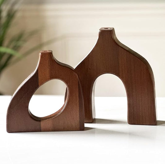 Wooden Vases for Decor Set of 2 - Small Decorative Wood Vase for Faux Flowers & Plants - Modern & Scandinavian Home Decor for Table, Centerpieces, & Living Room
