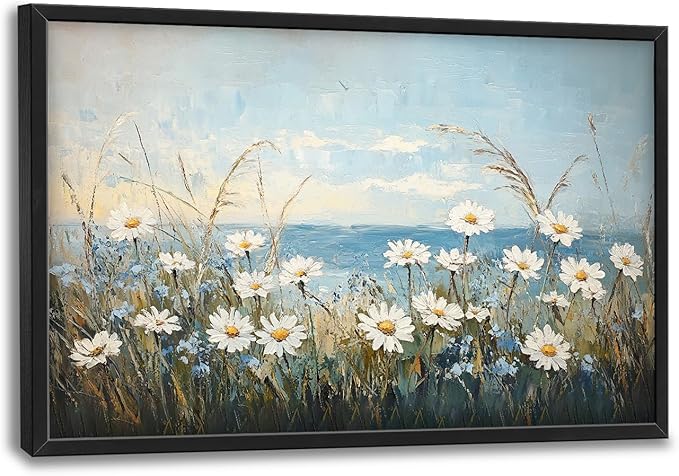 Flintis Large Ocean Daisy Framed Wall Art Beach Daisy Flower Pictures Wall Decor Abstract Natural Landscape Canvas Painting Print Artworks Framed for Living Room Bathroom Master Bedroom 36L X 24W