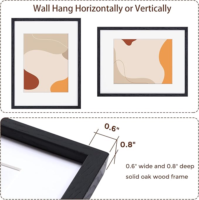 Fun Memories Black 12x16 Picture Frames, Solid Oak Wood Frame 12 by 16 Set of 3, Black Wood Frame with Mat & Tempered Glass, Matted to 8.5x11, Oak Wood Minimalist 12x16 Poster Frames