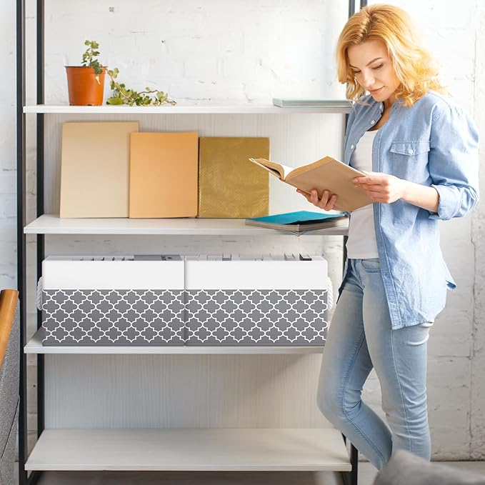 Fab totes Storage Bins [6-Pack], Foldable Storage Baskets for Organizing Toys, Books, Shelves, Closet, Large Storage Box with Rope Handles, Sturdy Organizer Bins,Clover Grey