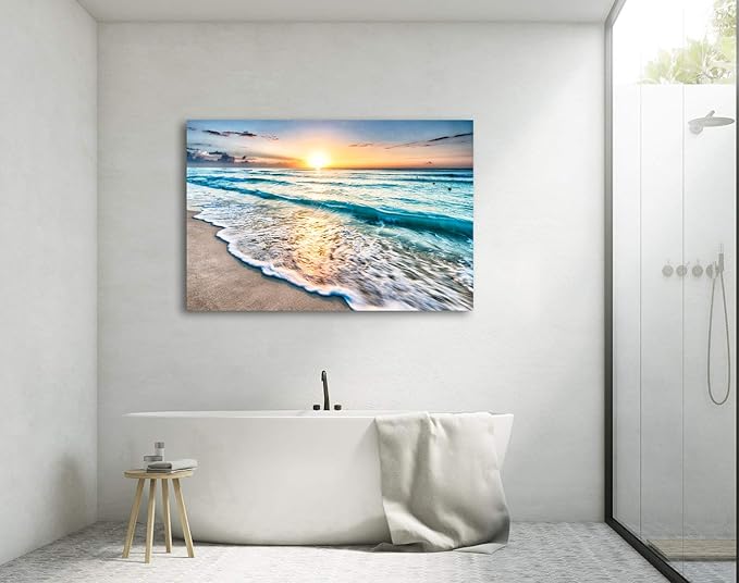Baisuart S02269 Canvas Prints Wall Art Beach Sunset Paintings Ocean Waves Nature Pictures Stretched Canvas Wooden Framed for living Room Bedroom and Home Office Wall Decor Posters