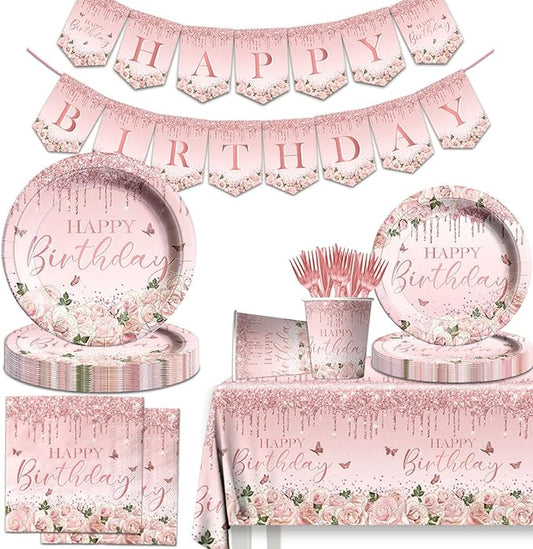 142Pcs Pink Rose Gold Birthday Party Supplies - Pink Birthday Party Tableware Disposable Dinner Plate,Tablecloth Rose Gold Theme Birthday Party Decoration for 50th 60th 70th 80th Women or Girls