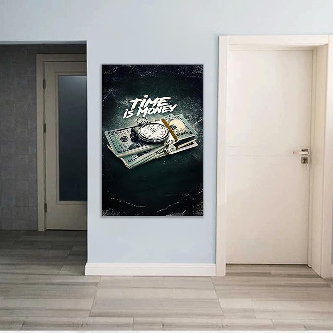 Inspirational Wall Art Modern Pictures Print Vintage Painting Time is Money Nordic Canvas Quotes Positive Poster Home for Office Living Room Decoration Framed Ready to Hang [36''W x 24''H]