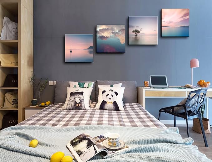 dgbtcart Romantic Sunset Beach Canvas Wall Art - Ocean Pictures Prints Colorful Seascape Painting Artwork for Bedroon Living Room, Bathroom - Office Kitchen Wall Decor 12"x 12" x 4 Panels