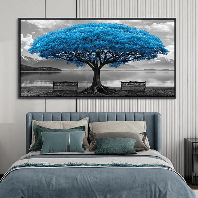 YDYSUNE Blue Tree Framed Canvas Wall Art for Living Room Large Size Wall Decor For Bedroom Black And White Pictures Lake Scenery Painting Office Decor Room Home Decoration Artwork Black Framed 29X58IN