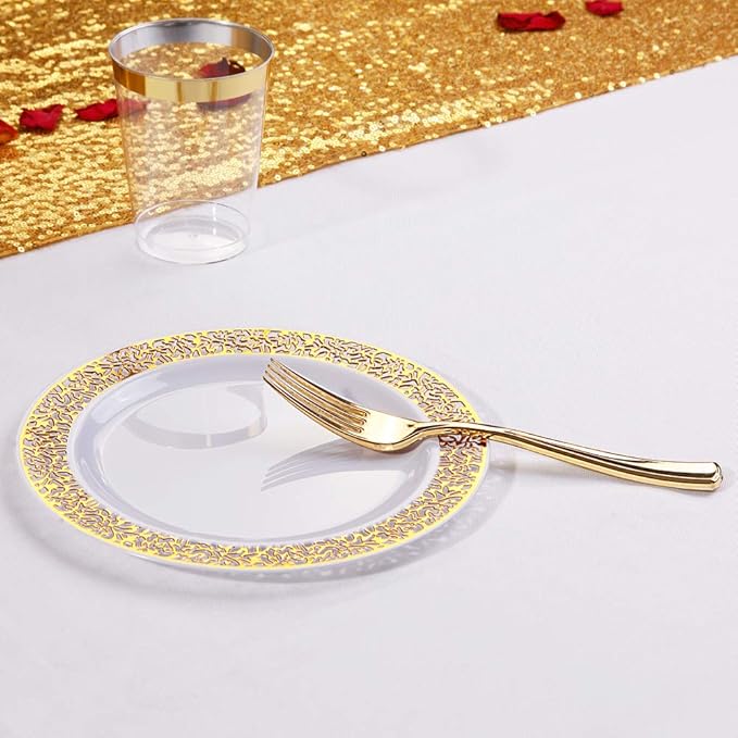 WDF 100pcs Gold Dessert Plates 7.5" with 100 Pieces Disposable Forks 7.4", Lace Design Fancy Appetizer Small Salad and Cake Plates for Thanksgiving Party/Weeding
