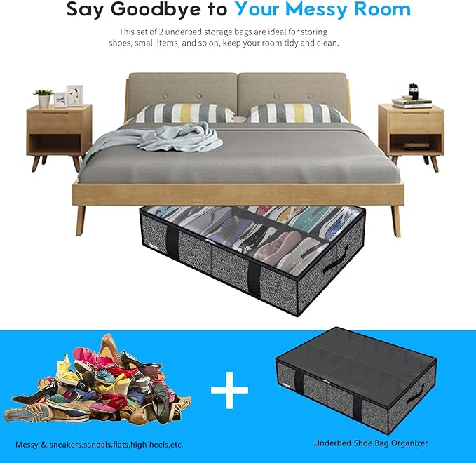 Onlyeasy 2 Pack Under Bed Shoes Storage Bag Organizer (14+4 Pairs), Collapsible Shoe Boot Container with Handles, Underbed Storage Solution for Kids & Adults, 86x60x15cm, Linen-like Black, MXAUBS14S4