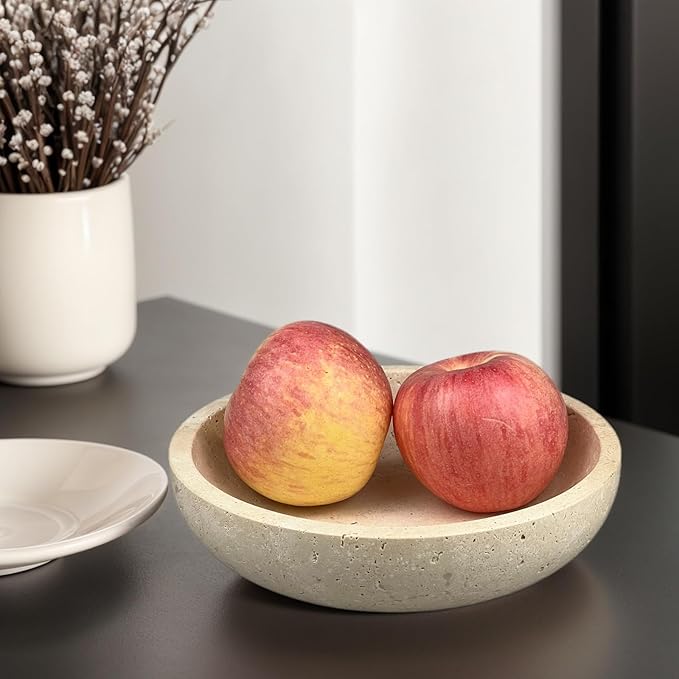 Travertine Decorative Bowls for Home Decor, Marble Fruit Bowl for Kitchen Counter, Keys Bowl for Entryway Table, Large Candy Serving Bowl for Table Centerpiece Office Modern Home Decor (Beige)