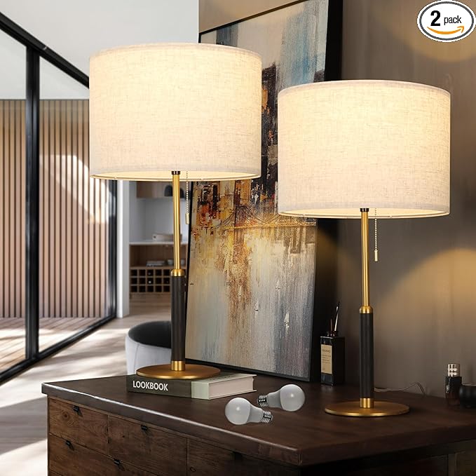 26.4" Set of 2 Modern Living Room Table Lamp for End Tables Bedside Lamps for Bedroom 3-Color Temperatures Pull Chain Switch Lamp Wood Fabric for Home/Office/Desk Decor (Light Brown+Brass)