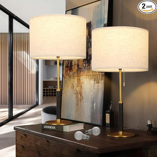 26.4" Set of 2 Modern Living Room Table Lamp for End Tables Bedside Lamps for Bedroom 3-Color Temperatures Pull Chain Switch Lamp Wood Fabric for Home/Office/Desk Decor (Light Brown+Brass)