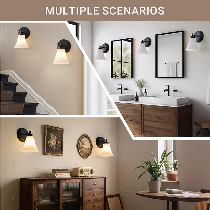 LOUSACE 2 Pack 1-Light Bathroom Vanity Lights Black Vintage Bathroom Lighting Fixtures with Opal White Glass, Set of 2 Single Vanity Wall Sconces for Side Mirror Cabinet Stairs Kitchen Living Room