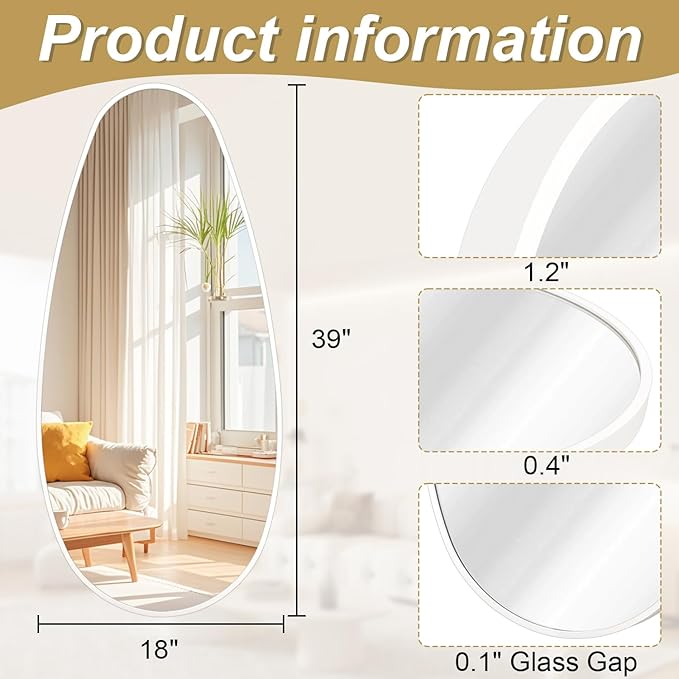 JJUUYOU Mirrors for Wall Metal Framed Decorative Irregular Large Mirrors 39" X 18" Asymmetrical for Bathroom Bedroom Living Room Dressing Room Entryway White