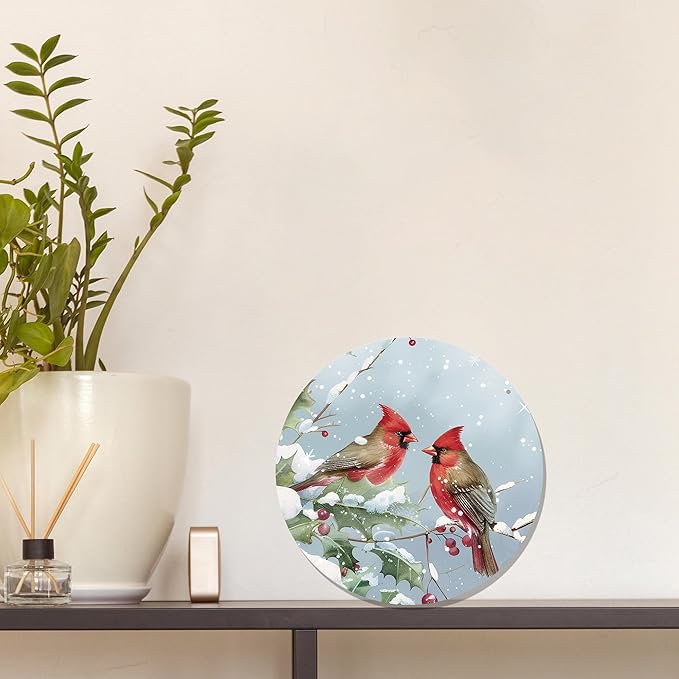 CGBHW Winter Christmas Cardinal Birds Wooden Sign, Winter Branches Berry Snowflake Snow Decoration Hanging Sign Wall Decor, Rustic Farmhouse Christmas Holiday Seasonal Wooden Sign for Home Door Decor 12 x 12 Inch