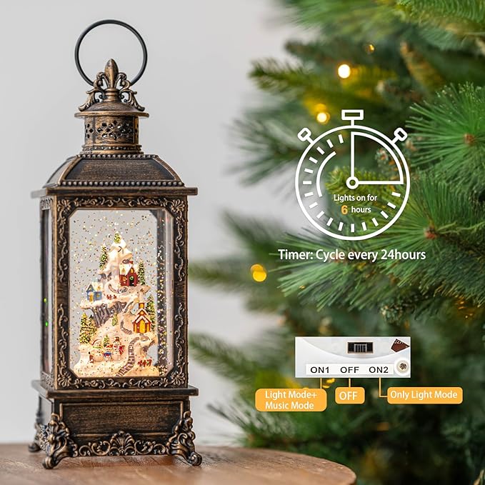 Christmas Village Snow Globe Lighted Snowy Mountain Village Scene, Musical Snow Water Lantern Swirling Glittering Home Decoration and Gift, Battery Operated or USB Powered
