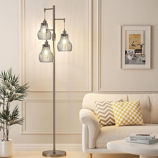 Dimmable Floor Lamps for Living Room, Industrial Tree Standing Tall Lamps with 3 Elegant Cage Shade for Bedroom Office - Grey