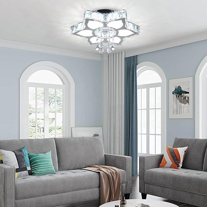 FRIXCHUR 16.1" Crystal Chandeliers Crystal Ceiling Light Fixtures LED Flush Mount Light Flower Modern Chandelier Light Ceiling Lamp for Living Room Bedrooms Dining Room（White）