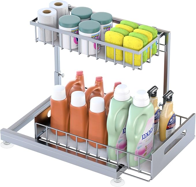 Under Sink Organizer Storage 2-Tier Premium Metal Pull-Out Racks, Height Adjustable, Easy Installation | Kitchen & Bathroom Organizers Pack of 1