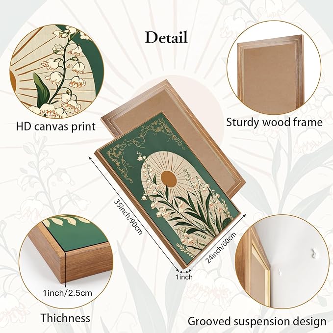 CHDITB Bohemian Sun Floral Framed Canvas Wall Art Set, Mystical Nature Wall Decor, Celestial Sun Art Prints, Vintage India Posters For Wall Modern Art Sunroom Living Room Office Art Prints 24"x36"x3