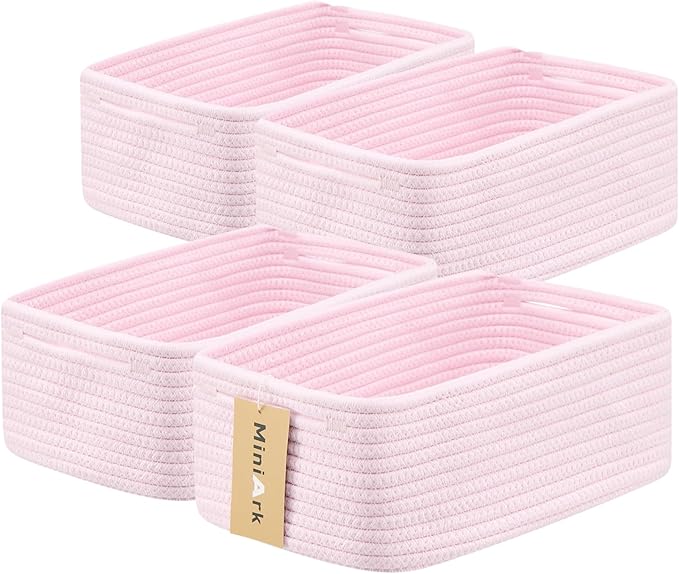 Small Storage Baskets for Organizing | Closet Organizer Bins | Shelf Toy Basket | Woven Rope Baskets | Cube Decorative Box | Shallow Basket | 13x8.5x5.1” | 4 Packs Light Pink