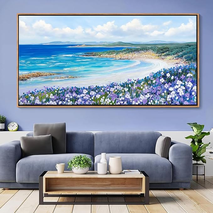 Mofutinpo Coastal Beach Wall Art,Large Purple Flower Landscape Canvas Wall Art for Living Room & Bedroom Decor, Framed Blue Beach Pictures & Paintings for Walls,Ocean Artwork for Home & Office 24x48IN