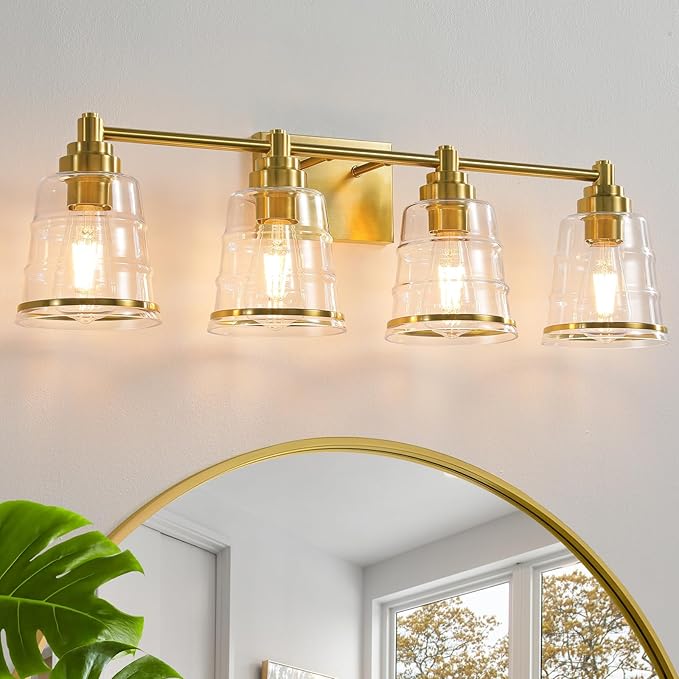 Gold Bathroom Vanity Light Fixture, 4 Light Bathroom Light Fixtures Over Mirror with Clear Glass Shade and Metal Base Wall Sconce, 29.1inch Modern Vanity Light for Bathroom(Exclude E26 Bulb)