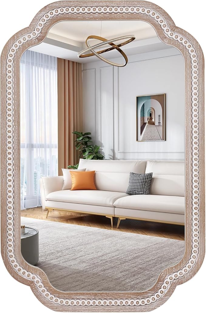36x24'' Boho Decorative Wall Mirrors with Beaded, Wooden Scalloped Bathroom Mirrors for Over Sink, Farmhouse Style for Bedroom, Living Room, Entryway - Vertical/Horizontal Hanging