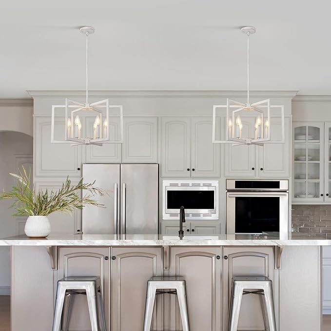6-Light Modern Farmhouse Antique White Chandelier Light Fixture, French Country Chandeliers for Dining Room, Vintage Metal Geometric Pendant Lighting for Kitchen Island Living Room Entryway