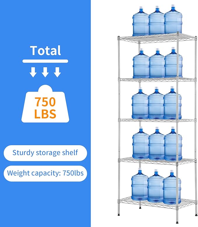 BestOffice | 5-Tier Wire Storage Shelves | 14x24x60 | Chrome | with Adjustable Racks | Heavy-Duty Metal Shelf, Holds Upto 750 lbs | No-Tool Assembly | Ideal for Home & Garage Shelving