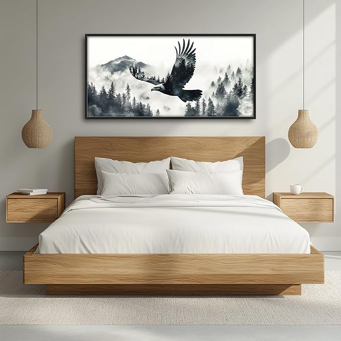 Framed Large Wall Art for Living Room, Flying Bald Eagle Canvas Wall Decor, Large Mountain Forest Pictures Framed Painting, Natural Landscape Artwork for Bedroom Office Home Decor 60L'' × 30W''