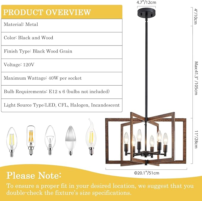 Modern Farmhouse Chandelier 20'' Black and Wood Grain 6-Light Pendant Lighting Fixture for Dining Living Room Kitchen Entryway, Geometric Metal Vintage Adjustable Hanging Chandelier Lamp