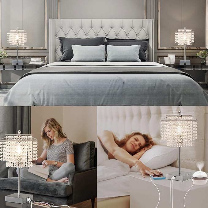 Luvkczc Crystal Table Lamp with Touch Control Set of 2, USB Bedside Table Lamp with USB C+A Ports, 3-Way Dimmable Lamp with Crystal Shade for Bedroom, Living Room, 6W LED Bulb Included