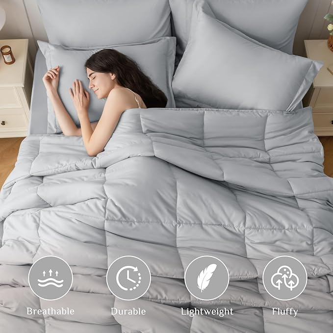 JOLLYVOGUE Full Comforter Set, Ultra-Soft Bed in a Bag Full Size 7 Pieces, Oeko-TEX Certified Bedding Set with Down Alternative Comforter, Sheets, Pillowcases & Shams, Light Grey
