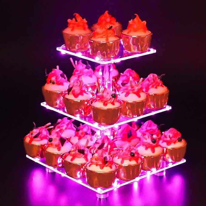 YestBuy 3 Tier Square Cupcake Stand - Premium Cupcake Holder - Acrylic Cupcake Tower Display - 3 Tier Acrylic Display for Pastry + LED Light String - Ideal for Weddings, Birthday Parties(Pink Light)