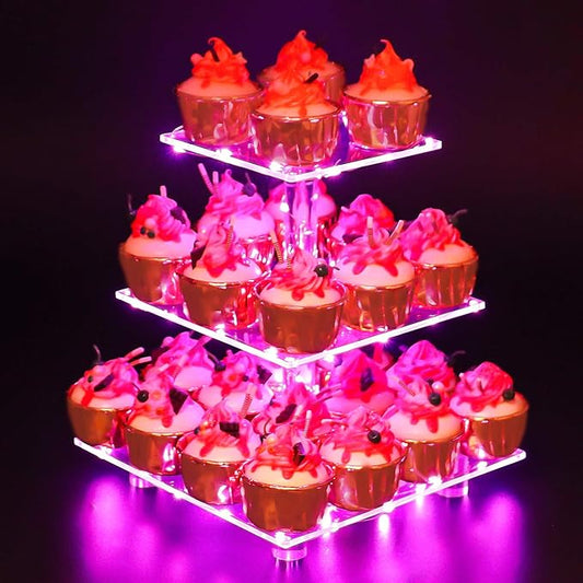 YestBuy 3 Tier Square Cupcake Stand - Premium Cupcake Holder - Acrylic Cupcake Tower Display - 3 Tier Acrylic Display for Pastry + LED Light String - Ideal for Weddings, Birthday Parties(Pink Light)