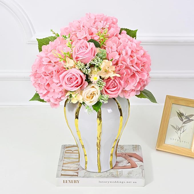 Artflower 4Pcs Real Touch Hydrangea Artificial Flowers, 22.5'' Pink Full Latex Faux Hydrangea Flowers for Home Floral Arrangements Wedding Bouquets Kitchen Table Centerpiece Decorations