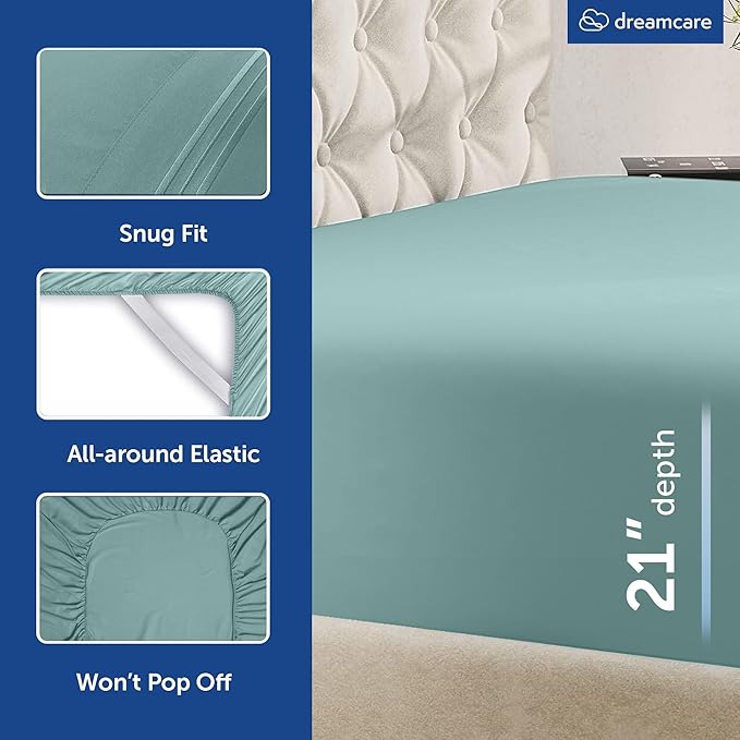 DREAMCARE King Size Sheets Set – 6 pcs Cooling Bed Sheets – up to 21” Deep Pocket King Sheet Set – 2500 Supreme Collection – Extra Soft 100% Brushed Microfiber Hotel Luxury with Side Pocket – Spa Blue
