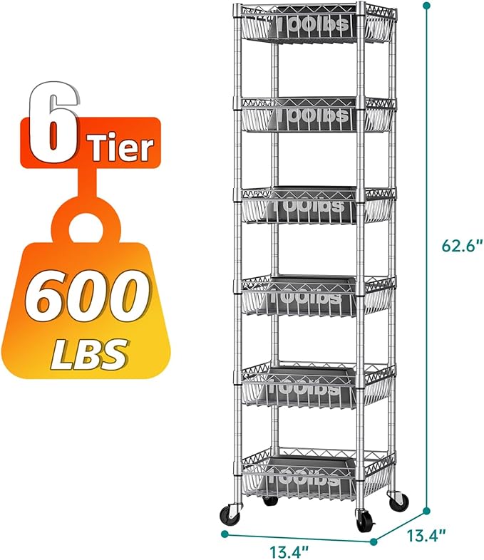 SINGAYE Shelf Storage Wire Shelving：Shelves Rack Standing Units with Wheels Closet Organizers Metal Pantry Kitchen Laundry Room Adjustable 13.5" D x 13.5" W x 63" H Silver