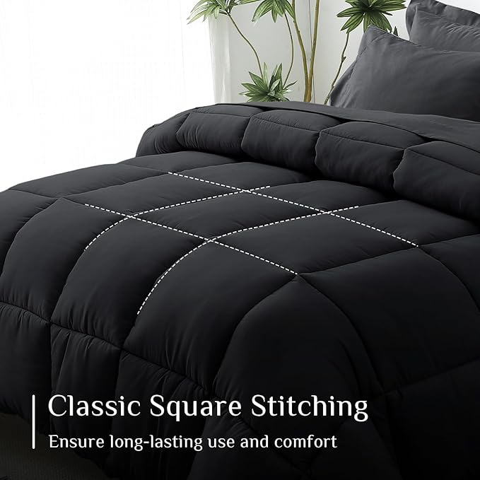 JOLLYVOGUE Full Comforter Set, Ultra-Soft Bed in a Bag Full Size 7 Pieces, Oeko-TEX Certified Bedding Set with Down Alternative Comforter, Sheets, Pillowcases & Shams, Black