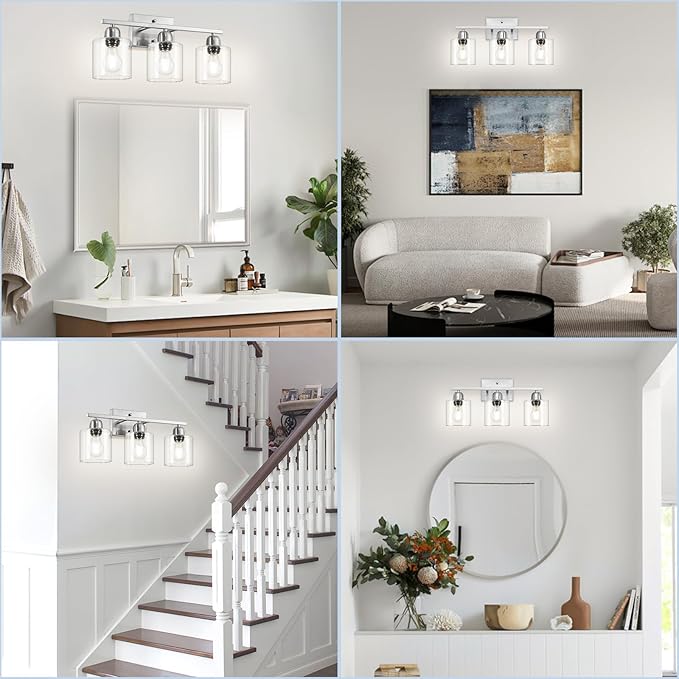 Brushed Nickel Bathroom Light Fixture, 3 Light Vanity Lights for Bathroom, Bath Lights with Clear Glass, E26 Socket