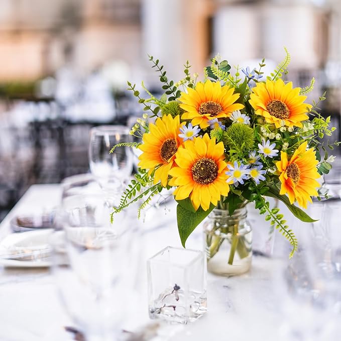 HUAESIN Artificial Sunflower Bouquets Fall Faux Flowers Bouquet Silk Sunflowers in Vase Floral Arrangements for Home Kitchen Table Centerpieces Wedding Party Decor