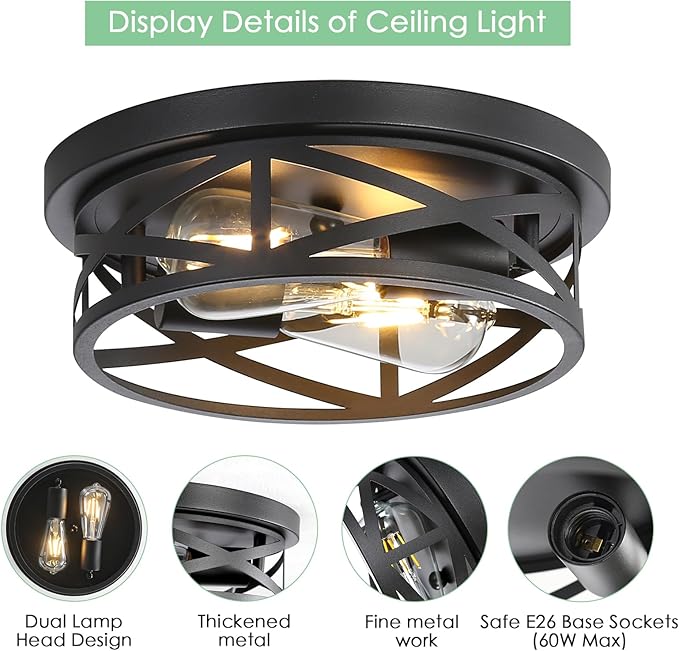 Black Flush Mount Ceiling Light Fixture,2-Light Industrial Farmhouse Ceiling Light Fixture,Black Light Fixture Ceiling Mount for Kitchen Bedroom Living Room Hallway 2 Pack
