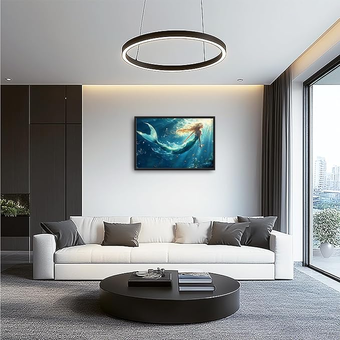Framed Large Wall Art for Living Room, Beach Mermaid Canvas Wall Decor, Large Ocean Picture Framed Painting, Modern Artwork for Bedroom Office 36L'' × 24W''
