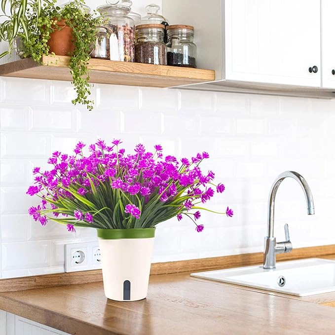 Artificial Fake Flowers, 12 Bundles Outdoor UV Resistant Greenery Shrubs Plants Indoor Outside Hanging Planter Home Garden Décor (Purple)