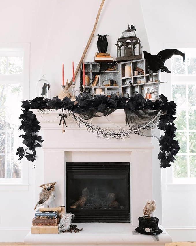 Fall Decor Fake Garland, Black Decorations Halloween Garlands, Autum Wall Hanging Maple Leaves, Artificial Maple Leaf Vine, Halloween Clearance,Fall Decoration for Home(4 Pcs Black)