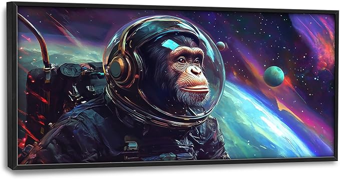 Framed Large Monkey Astronaut Wall Art, Oversized Chimpanzee Spacemen Wall Decor for Living Room, Outer Space Canvas Painting Pictures Modern Artwork for Living Room Bedroom Office 60"x30"