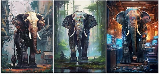 Abstract Elephants Wall Art Cyberpunk Giant Machine Animal Posters Print on Canvas Modern Sci-Fi Theme Picture Painting Wall Decor Artwork for Living Room Gym Office Ready to Hang [60''W x 28''H]