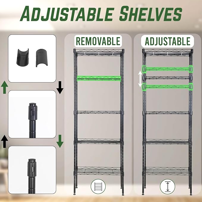 PayLessHere 5-Tier Adjustable Wire Shelf 12" W x 17" D x 48" H Max Load 750 lbs, Easy Assembly, Versatile Storage Solution, Durable and Stable for Home and Office,Black