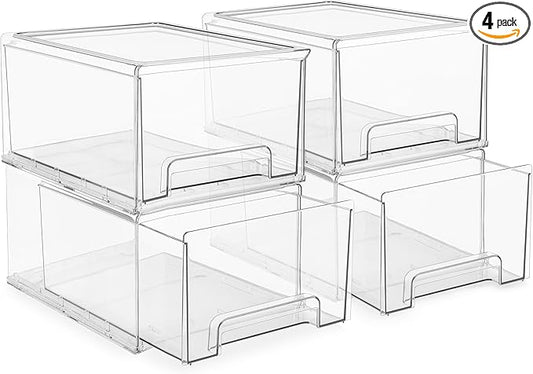 Sorbus Small Wide Clear Stackable Storage Drawers – 4-Pack Plastic Organizer Bins with Handles – Stackable Pull-Out Storage Drawers for Closet, Pantry, Office, Bathroom, Craft, and Toy Organization